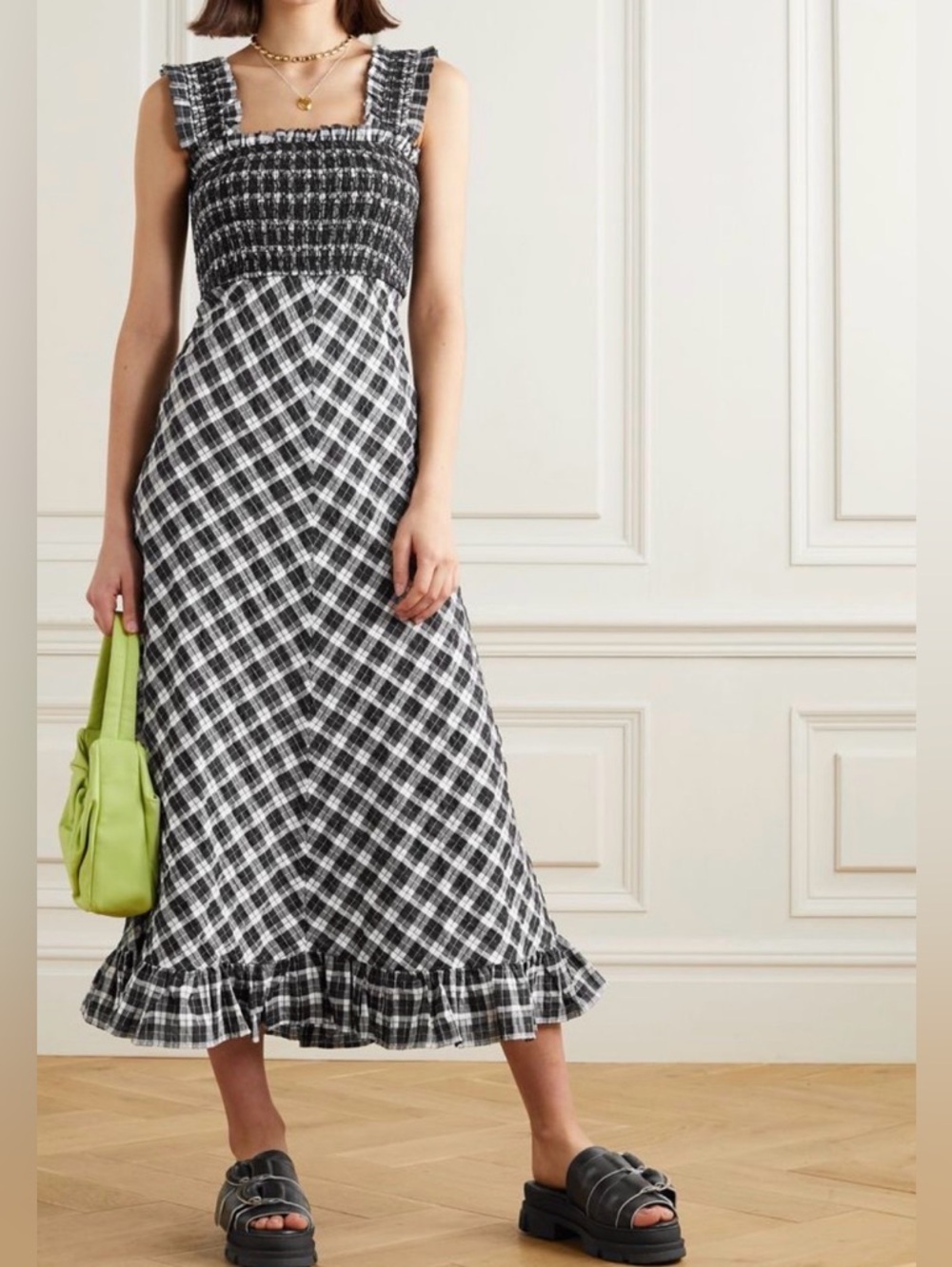 Ganni Black and White Plaid Smocked Strap Maxi Dress with Ruffle Hem
